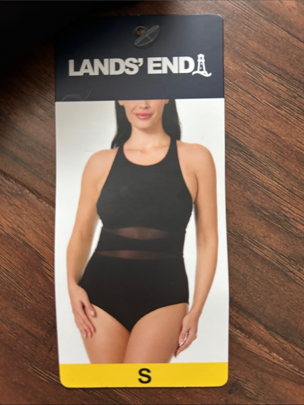 New! Lands' End Black Mesh Panel Bandeau One-Piece Adjustable Straps Small